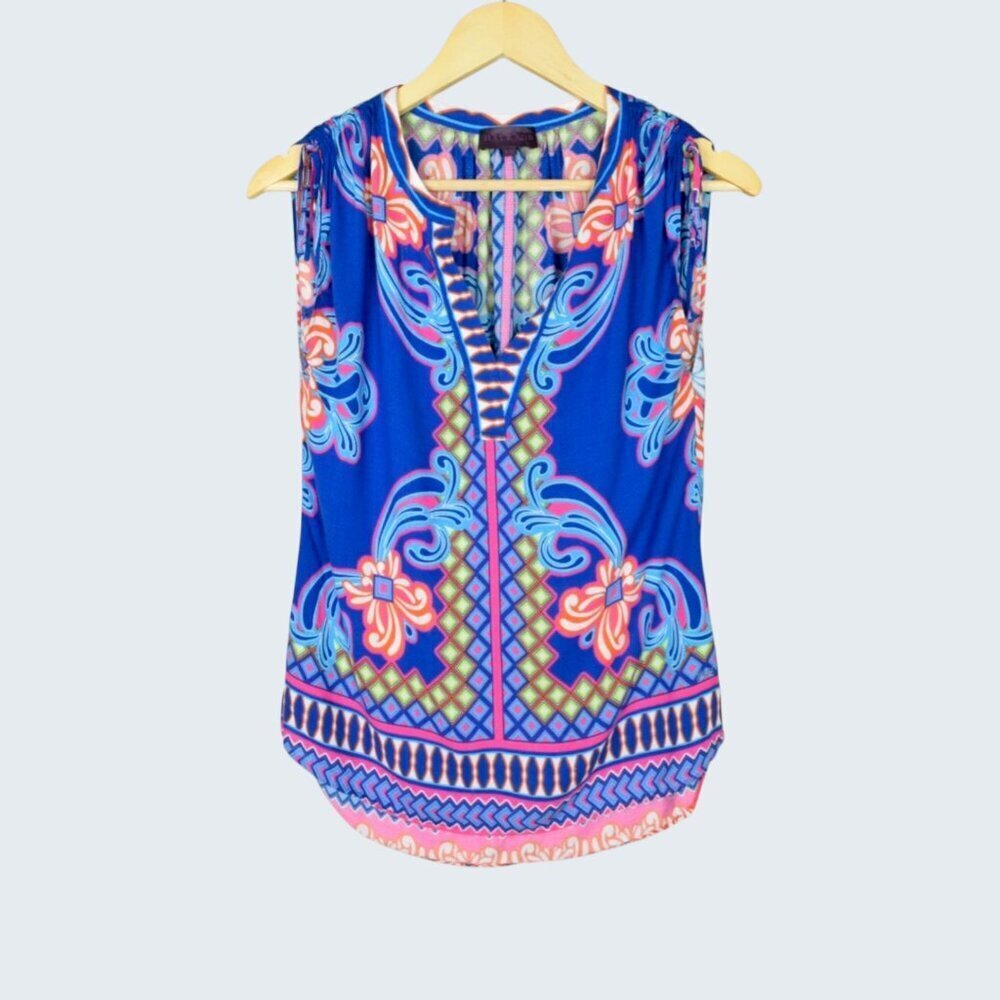 HALE BOB MULTI-COLOR BLUE GEOMETRIC SLEEVELESS TOP - Picture 3 of 9